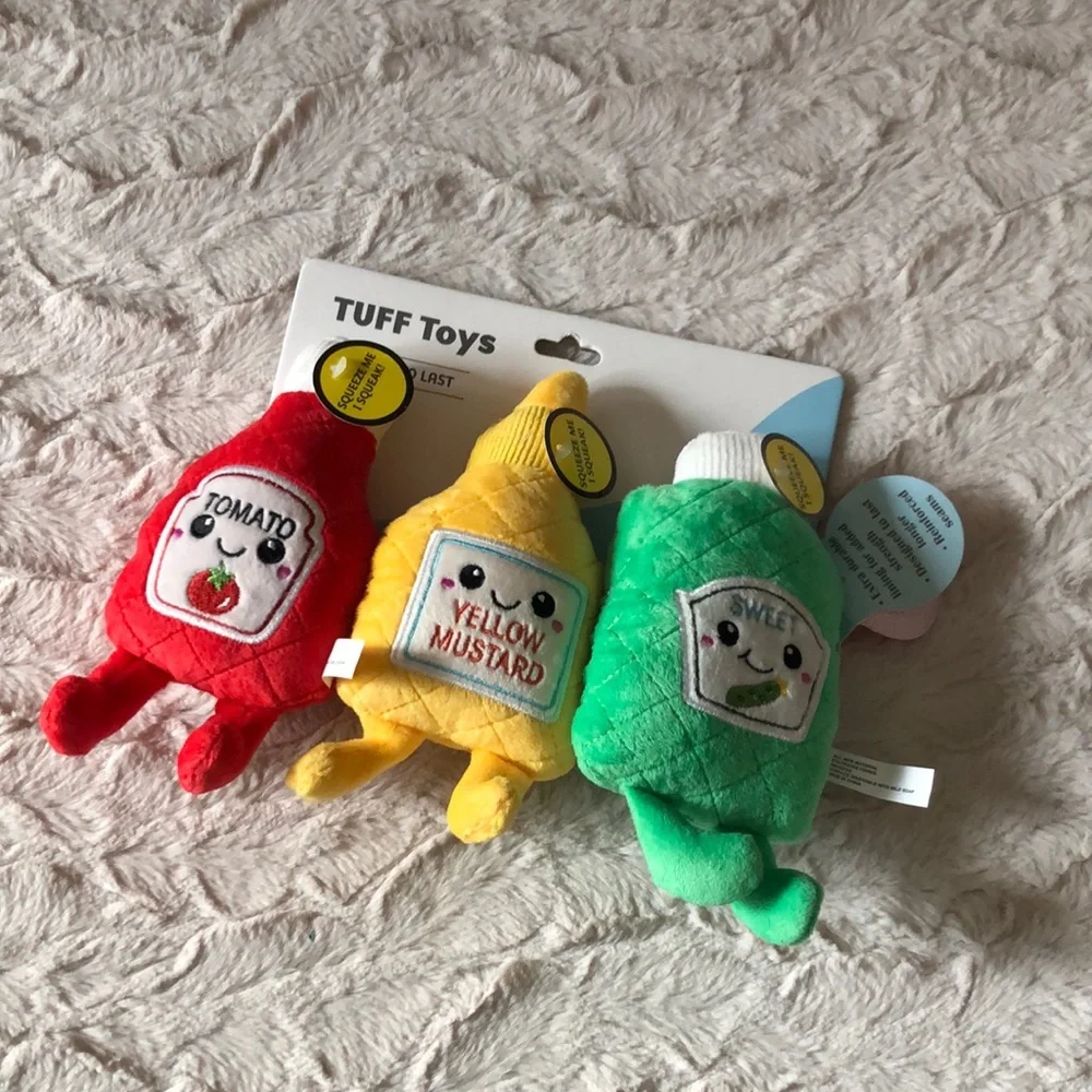 Plush Condiment Trio DOG TOYS - Red Tomato, Yellow Mustard, Green Relish